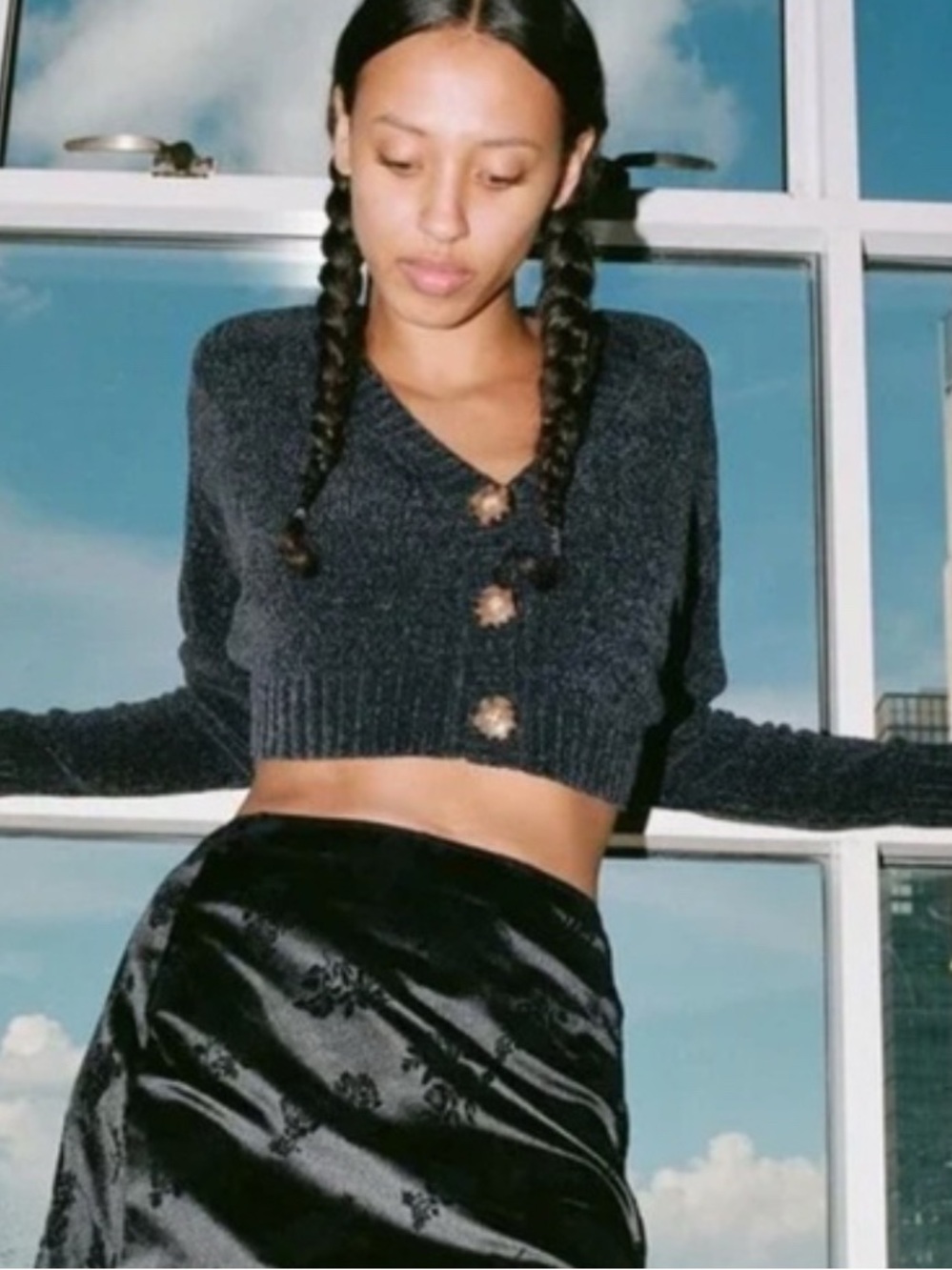 Urban Outfitters Honey Plush Cropped Cardigan Black/Gray Marled Chenille Size
